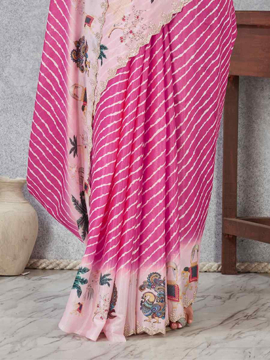 Pink Satin Silk Printed Traditional Casual Reception Festival Wedding Fancy Heavy Border Saree