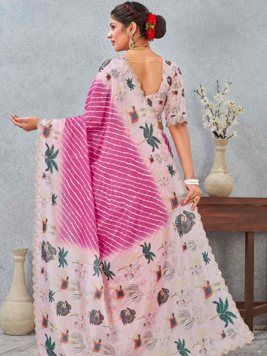 Pink Satin Silk Printed Traditional Casual Reception Festival Wedding Fancy Heavy Border Saree