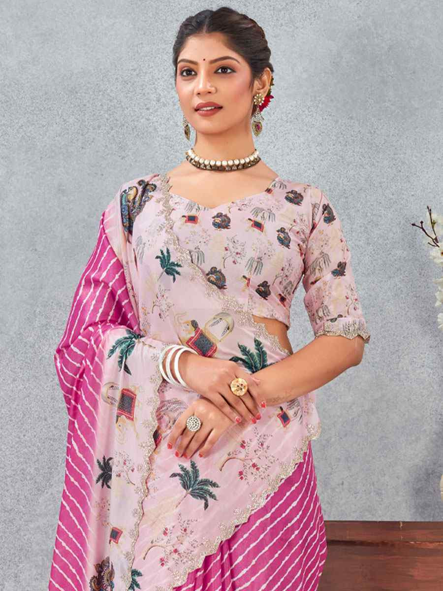 Pink Satin Silk Printed Traditional Casual Reception Festival Wedding Fancy Heavy Border Saree