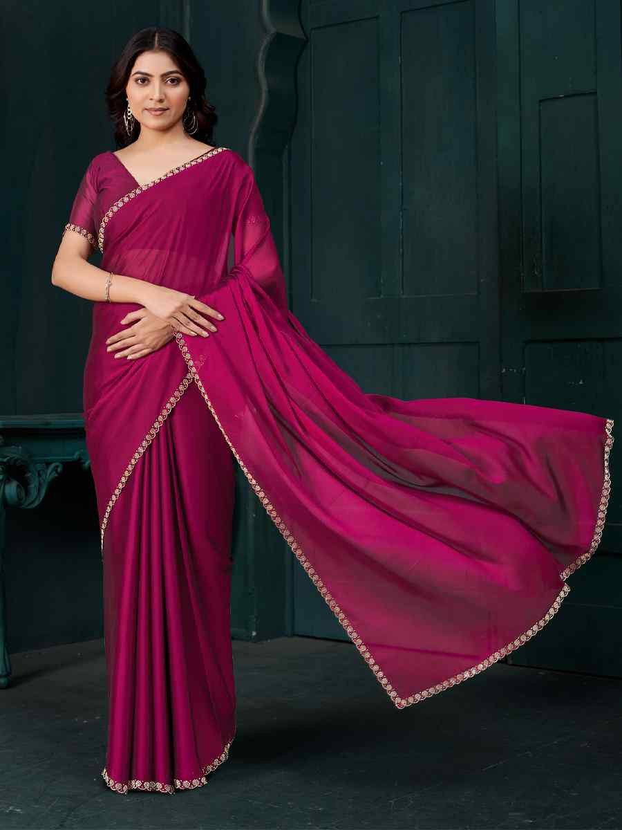 Pink Satin Silk Solid Festival Wedding Fancy Heavy Border Saree