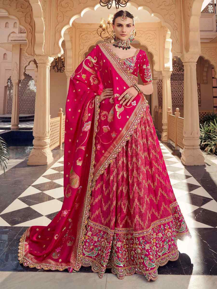 Pink Satin Tissue Silk Embroidered Festival Wedding Party Reception Heavy Border Lehenga Choli