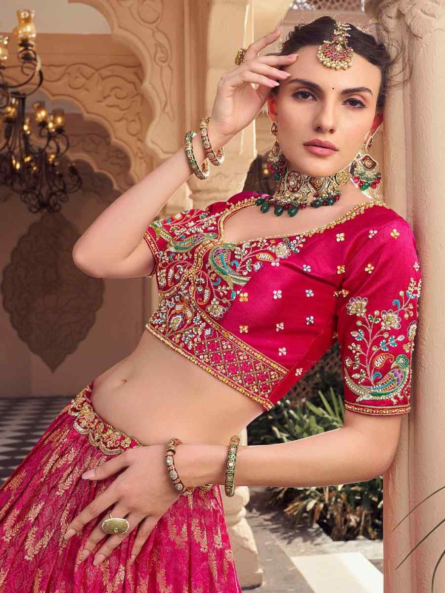 Pink Satin Tissue Silk Embroidered Festival Wedding Party Reception Heavy Border Lehenga Choli