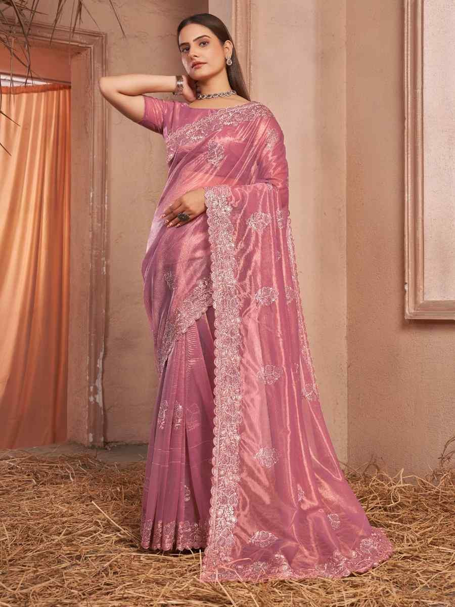 Pink Shimer Silver Net Handwoven Festival Wedding Heavy Border Saree