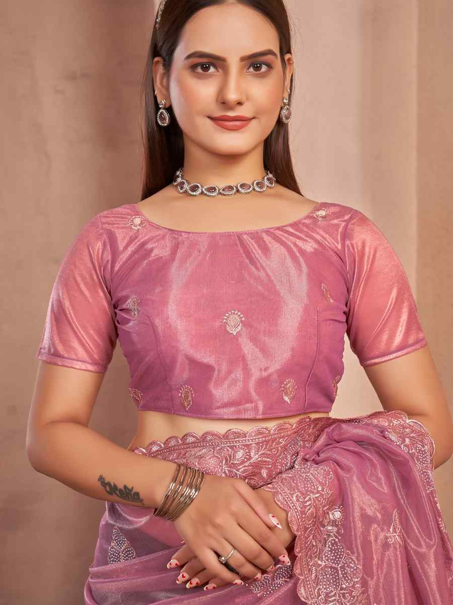 Pink Shimer Silver Net Handwoven Festival Wedding Heavy Border Saree