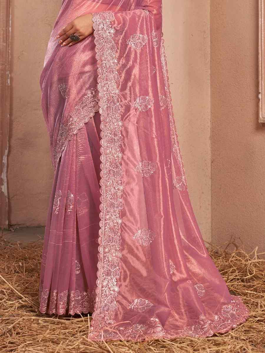Pink Shimer Silver Net Handwoven Festival Wedding Heavy Border Saree