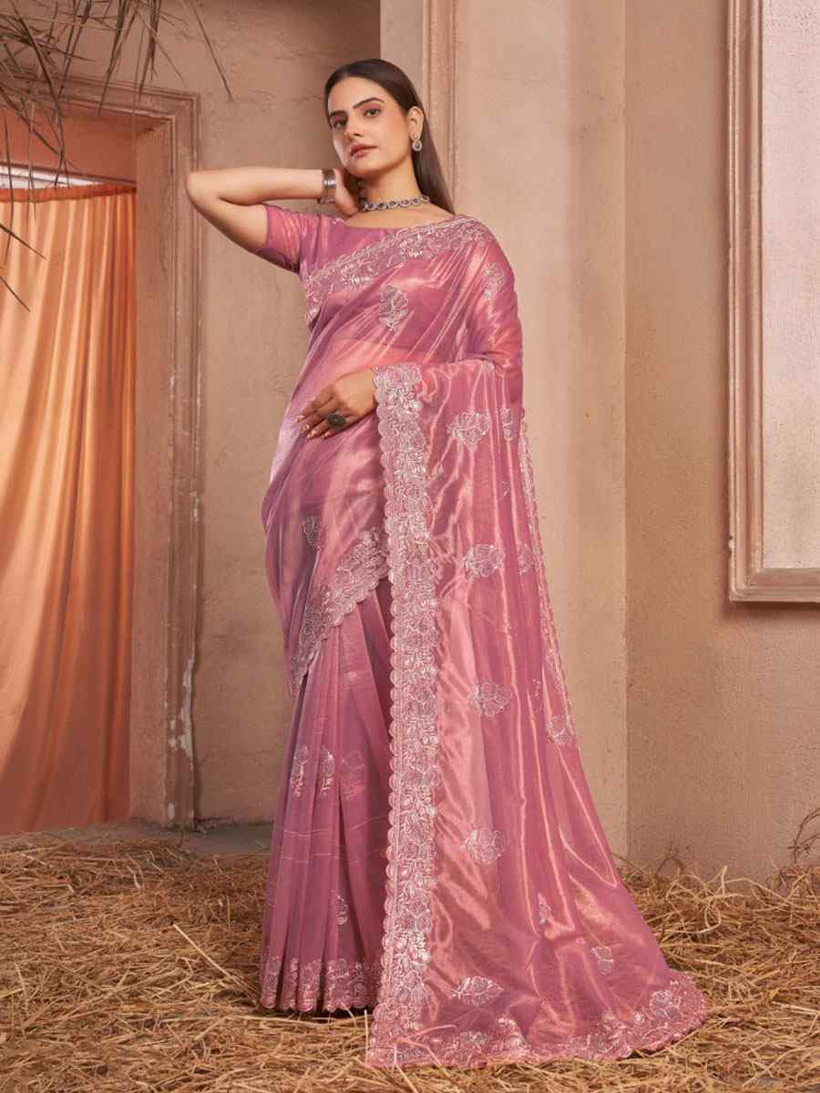 Pink Shimmer Silver Net Embroidery Traditional Bridal Reception Festival Wedding Fancy Heavy Border Saree