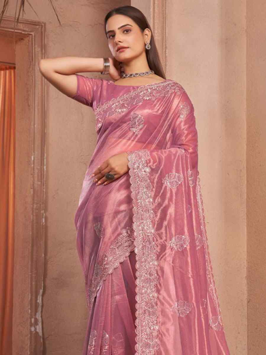 Pink Shimmer Silver Net Embroidery Traditional Bridal Reception Festival Wedding Fancy Heavy Border Saree