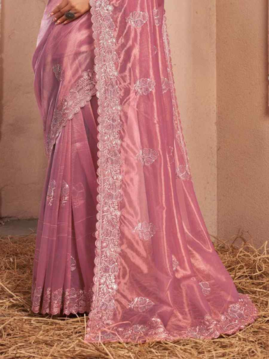 Pink Shimmer Silver Net Embroidery Traditional Bridal Reception Festival Wedding Fancy Heavy Border Saree