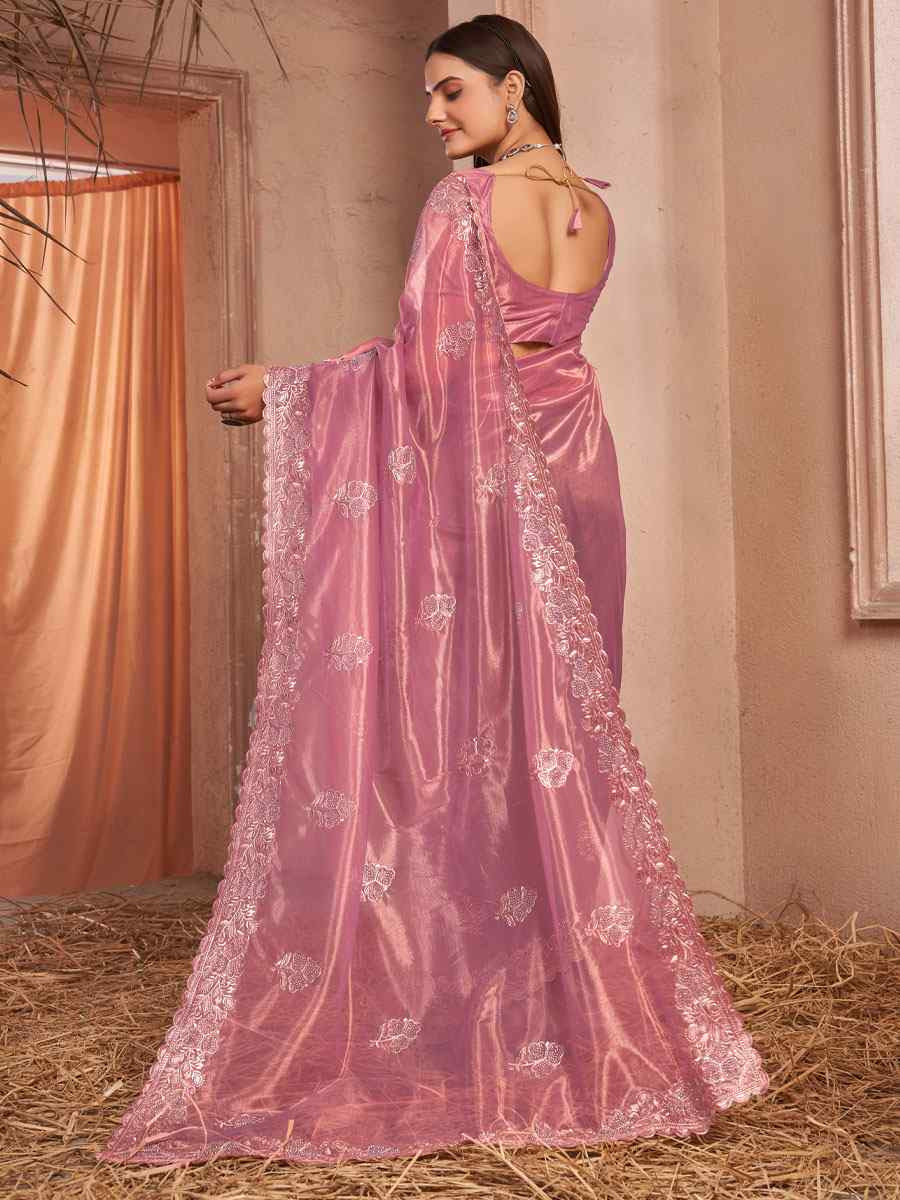 Pink Shimmer Silver Net Embroidery Traditional Bridal Reception Festival Wedding Fancy Heavy Border Saree