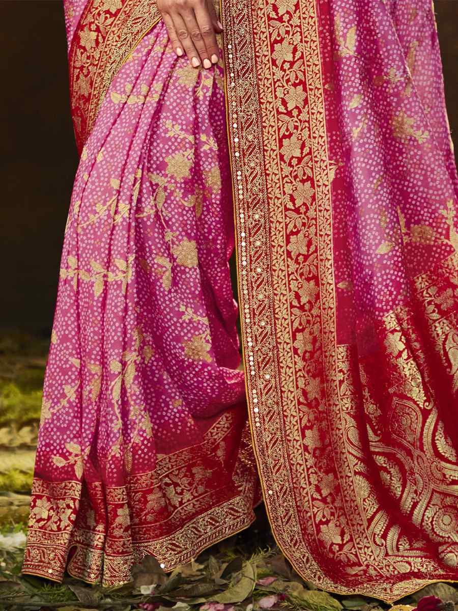 Pink Silk Bandhej Embroidered Wedding Festival Heavy Border Saree