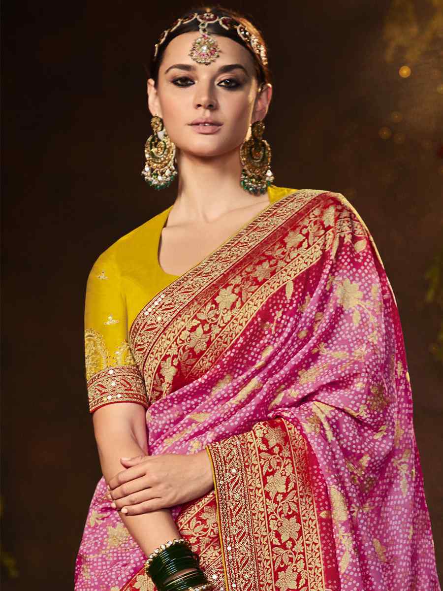 Pink Silk Bandhej Embroidered Wedding Festival Heavy Border Saree