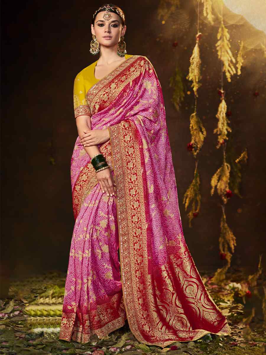 Pink Silk Bandhej Embroidered Wedding Festival Heavy Border Saree