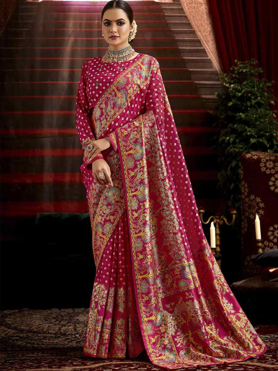 Pink Silk Bhandej Prined Traditional Bridal Reception Festival Wedding Fancy Heavy Border Saree
