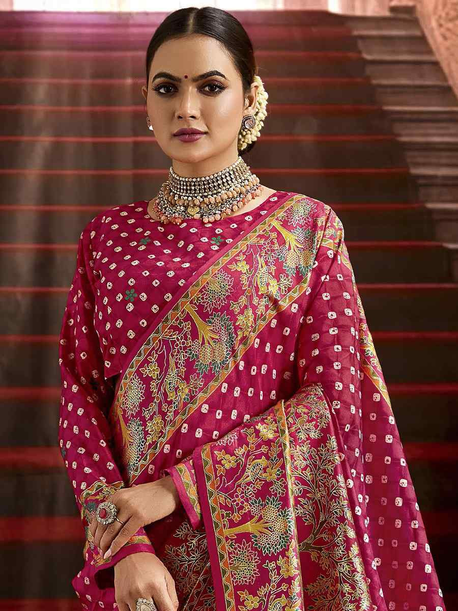 Pink Silk Bhandej Prined Traditional Bridal Reception Festival Wedding Fancy Heavy Border Saree