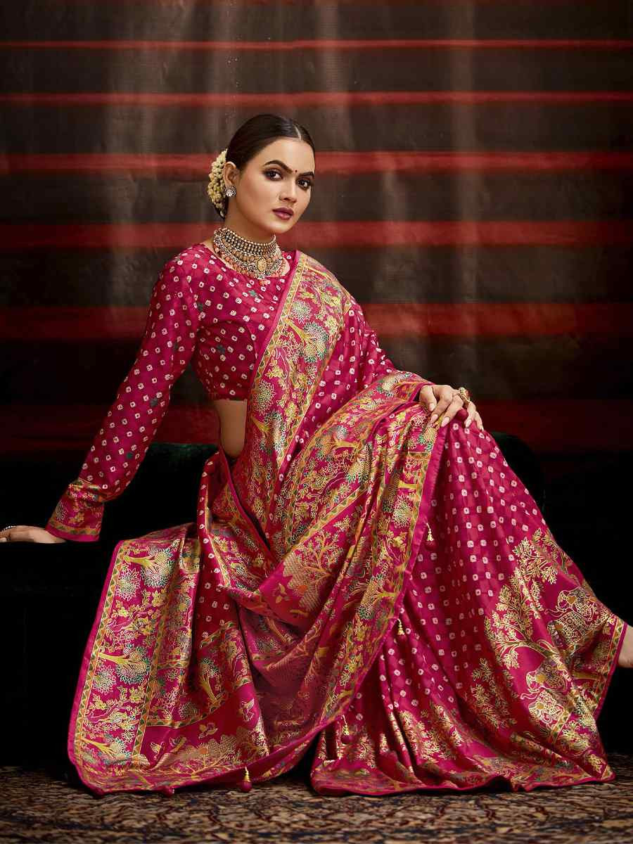Pink Silk Bhandej Prined Traditional Bridal Reception Festival Wedding Fancy Heavy Border Saree