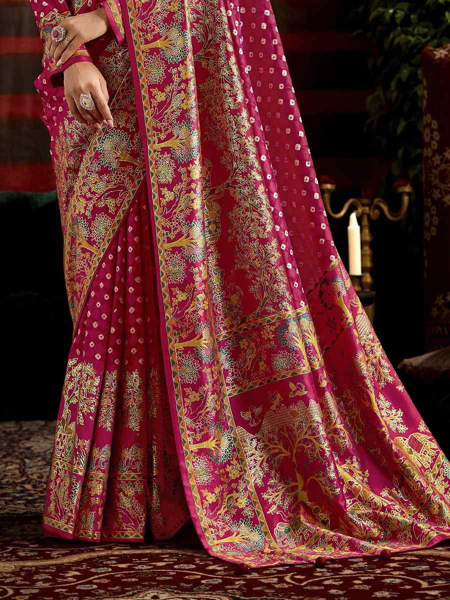 Pink Silk Bhandej Prined Traditional Bridal Reception Festival Wedding Fancy Heavy Border Saree