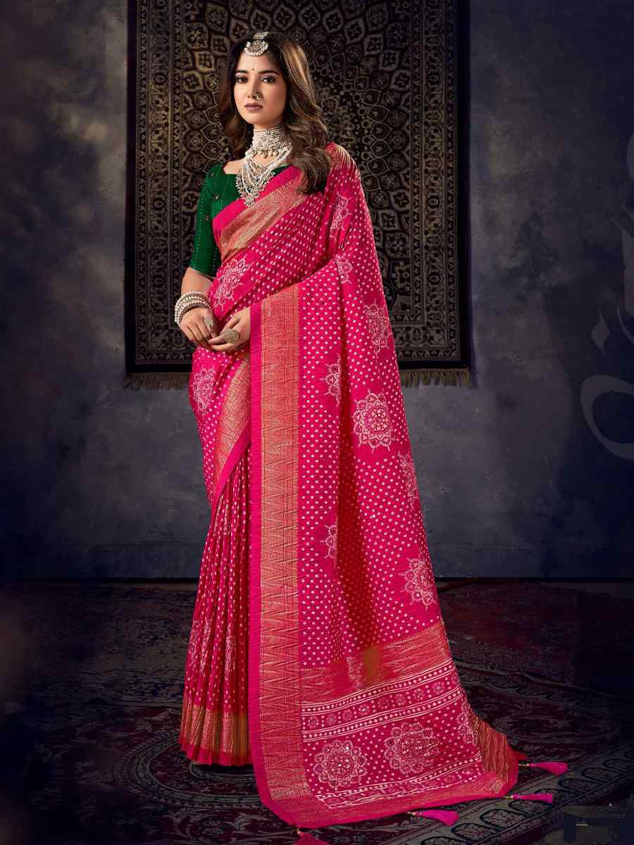 Pink Silk Bhandej Zari Handwoven Casual Reception Festival Wedding Fancy Classic Style Sarees