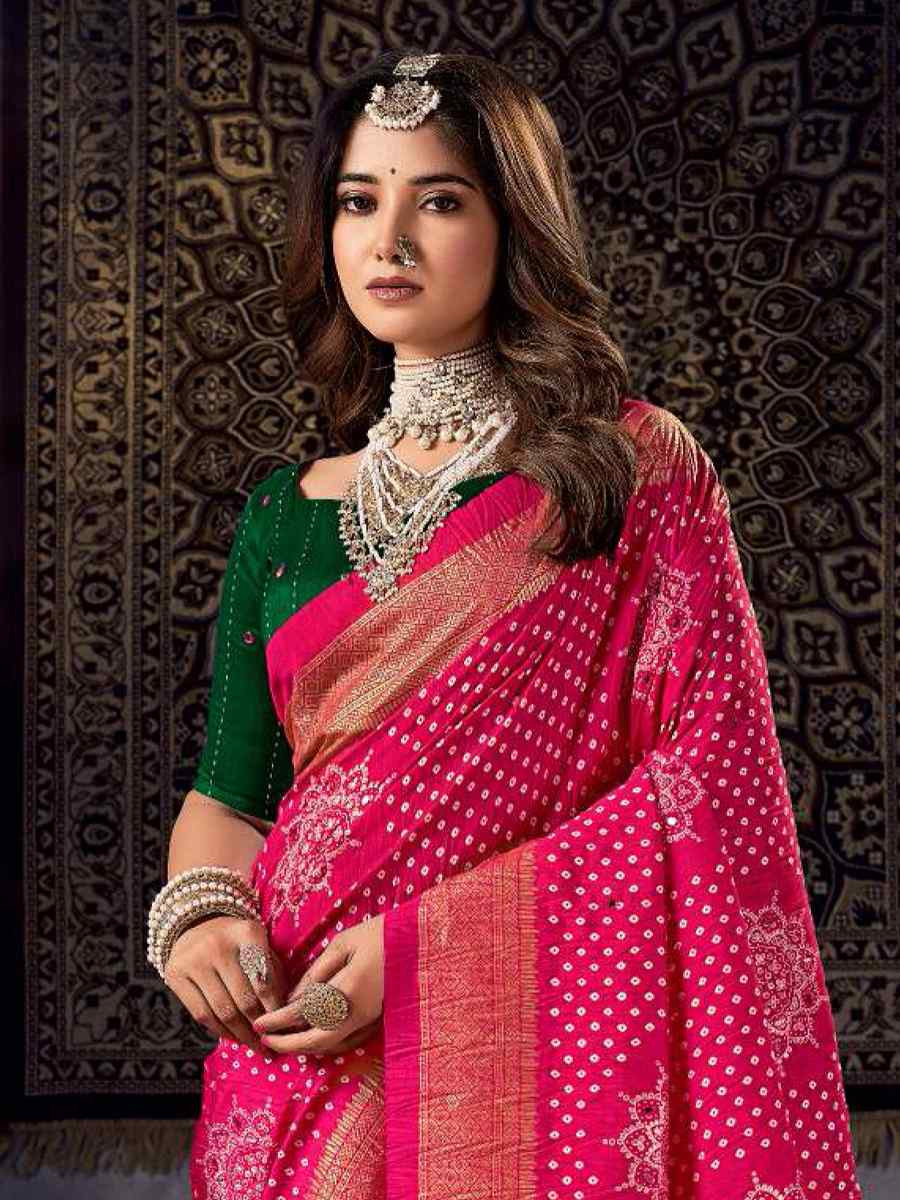Pink Silk Bhandej Zari Handwoven Casual Reception Festival Wedding Fancy Classic Style Sarees