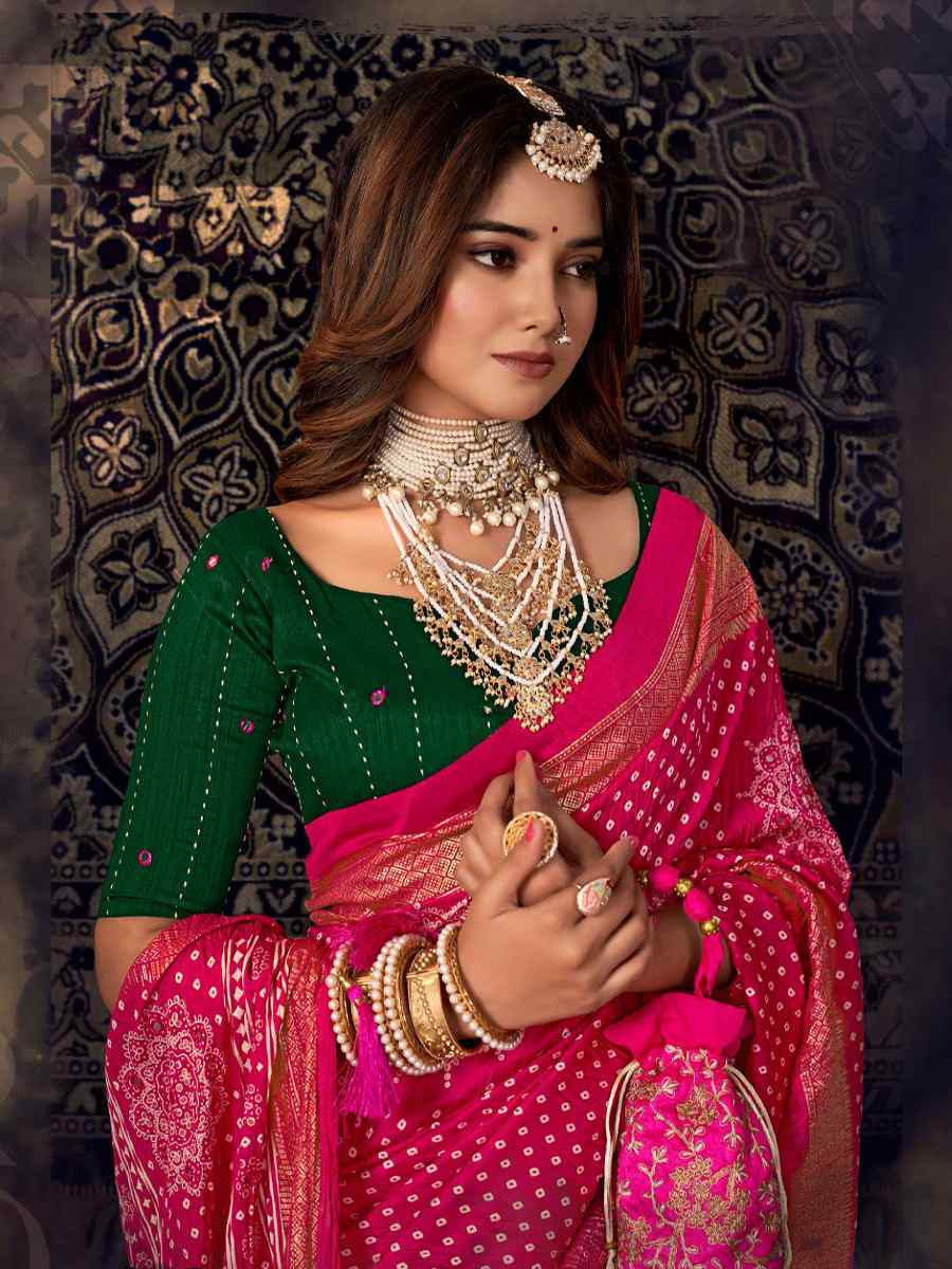 Pink Silk Bhandej Zari Handwoven Casual Reception Festival Wedding Fancy Classic Style Sarees