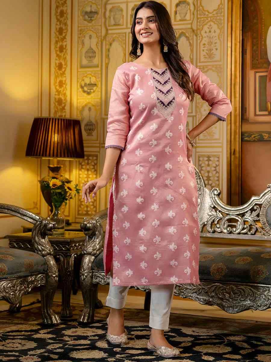 Pink Silk Blend Embroidered Festival Casual Kurti