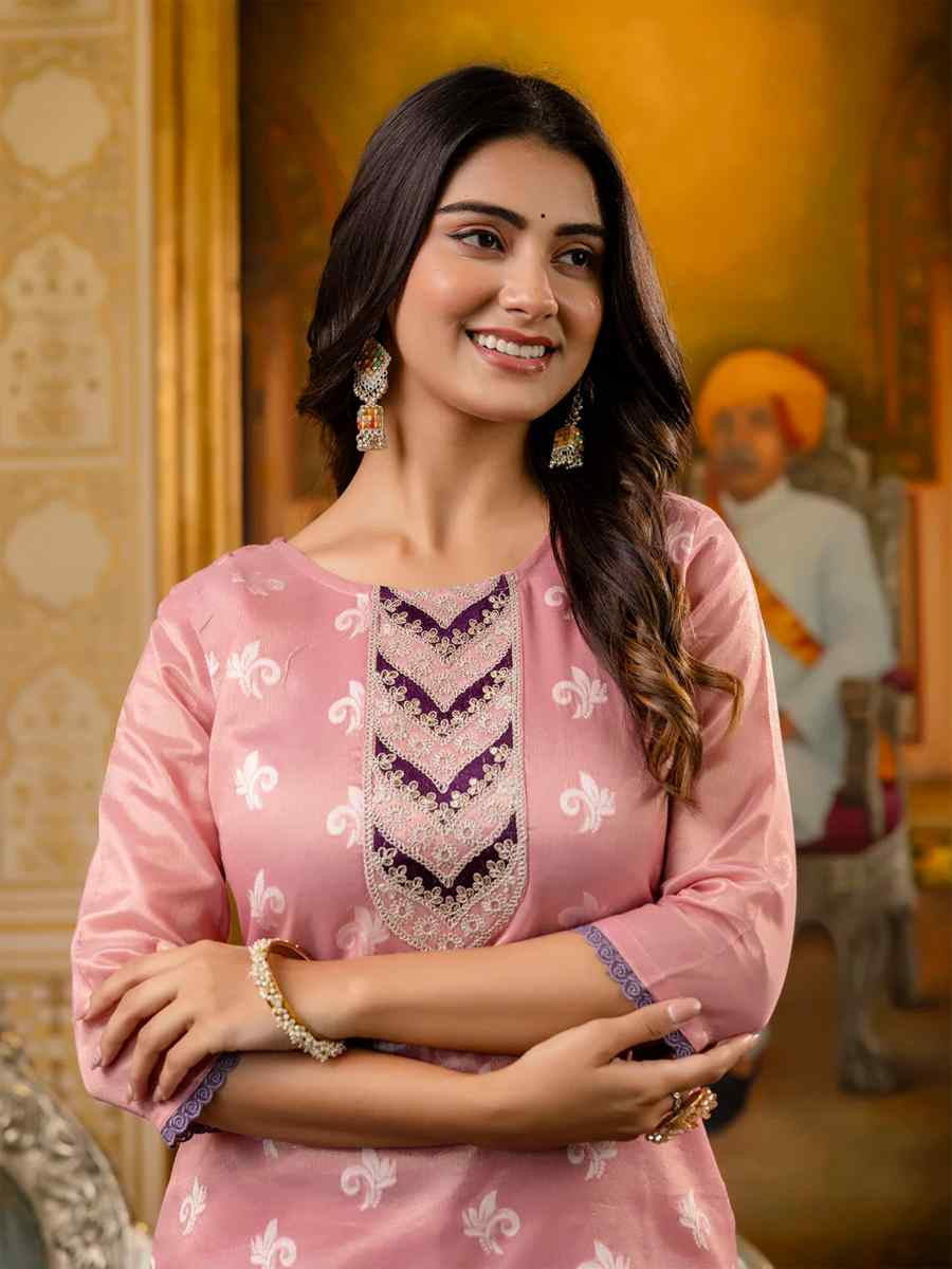 Pink Silk Blend Embroidered Festival Casual Kurti