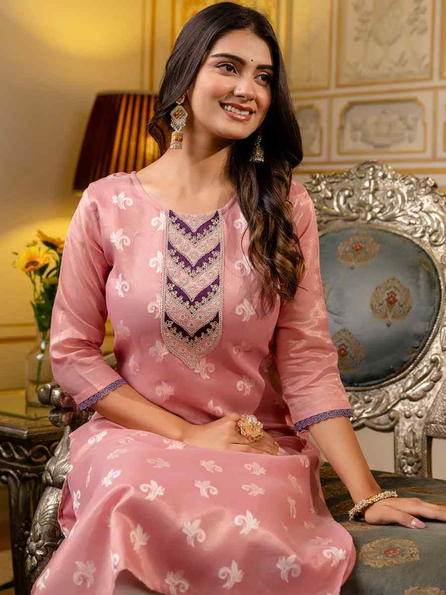 Pink Silk Blend Embroidered Festival Casual Kurti