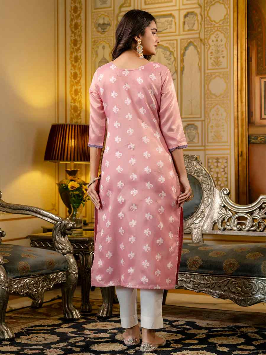 Pink Silk Blend Embroidered Festival Casual Kurti