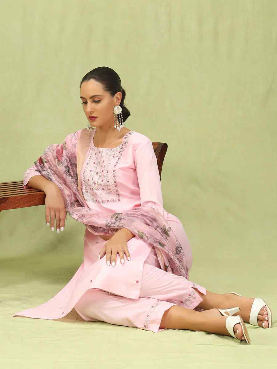 Pink Silk Blend Embroidered Festival Casual Ready Pant Salwar Kameez