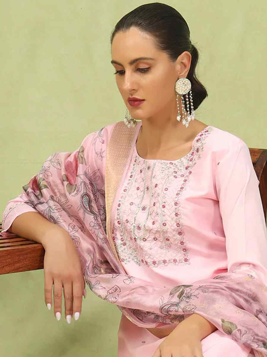 Pink Silk Blend Embroidered Festival Casual Ready Pant Salwar Kameez