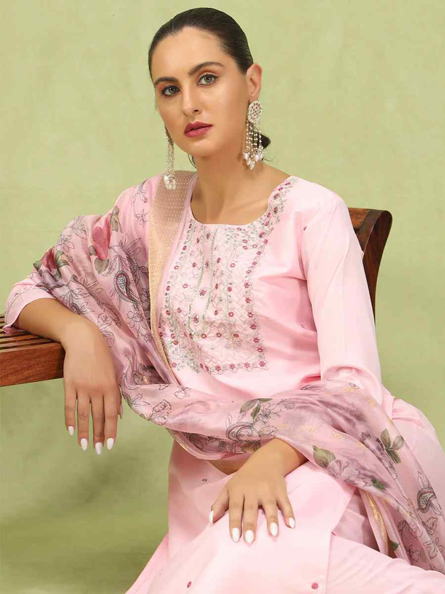 Pink Silk Blend Embroidered Festival Casual Ready Pant Salwar Kameez