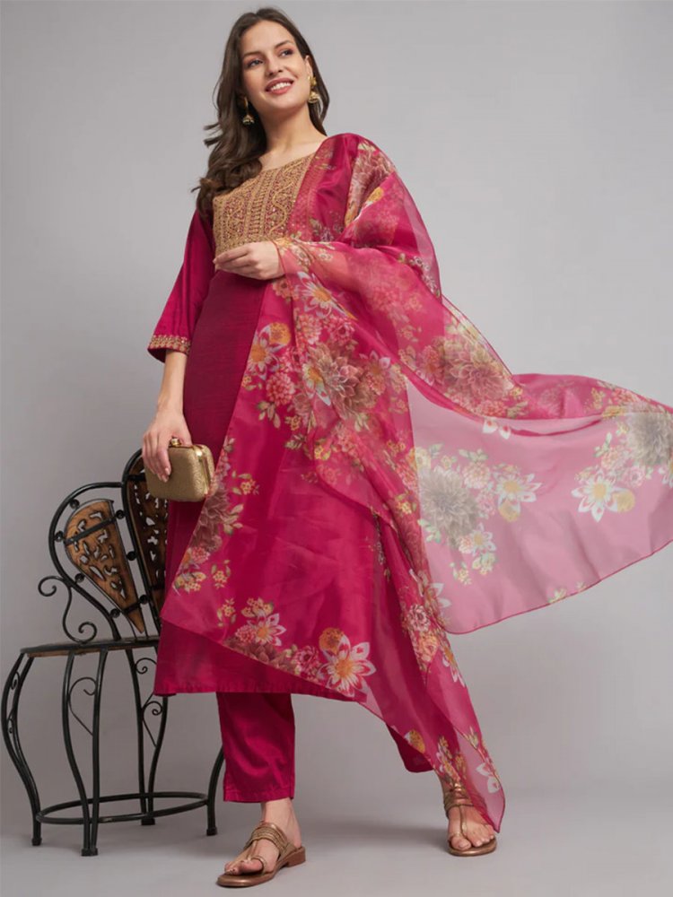 Pink Silk Blend Embroidered Festival Casual Ready Pant Salwar Kameez
