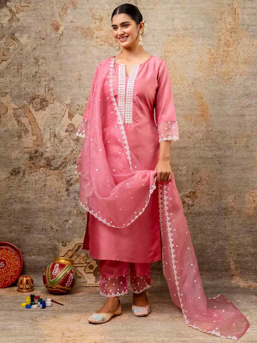 Pink Silk Blend Embroidered Mehendi Wedding Ready Pant Salwar Kameez