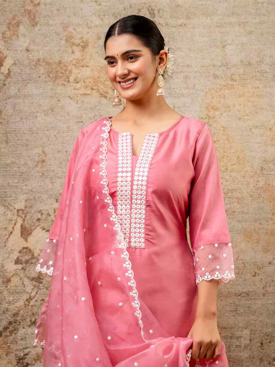 Pink Silk Blend Embroidered Mehendi Wedding Ready Pant Salwar Kameez