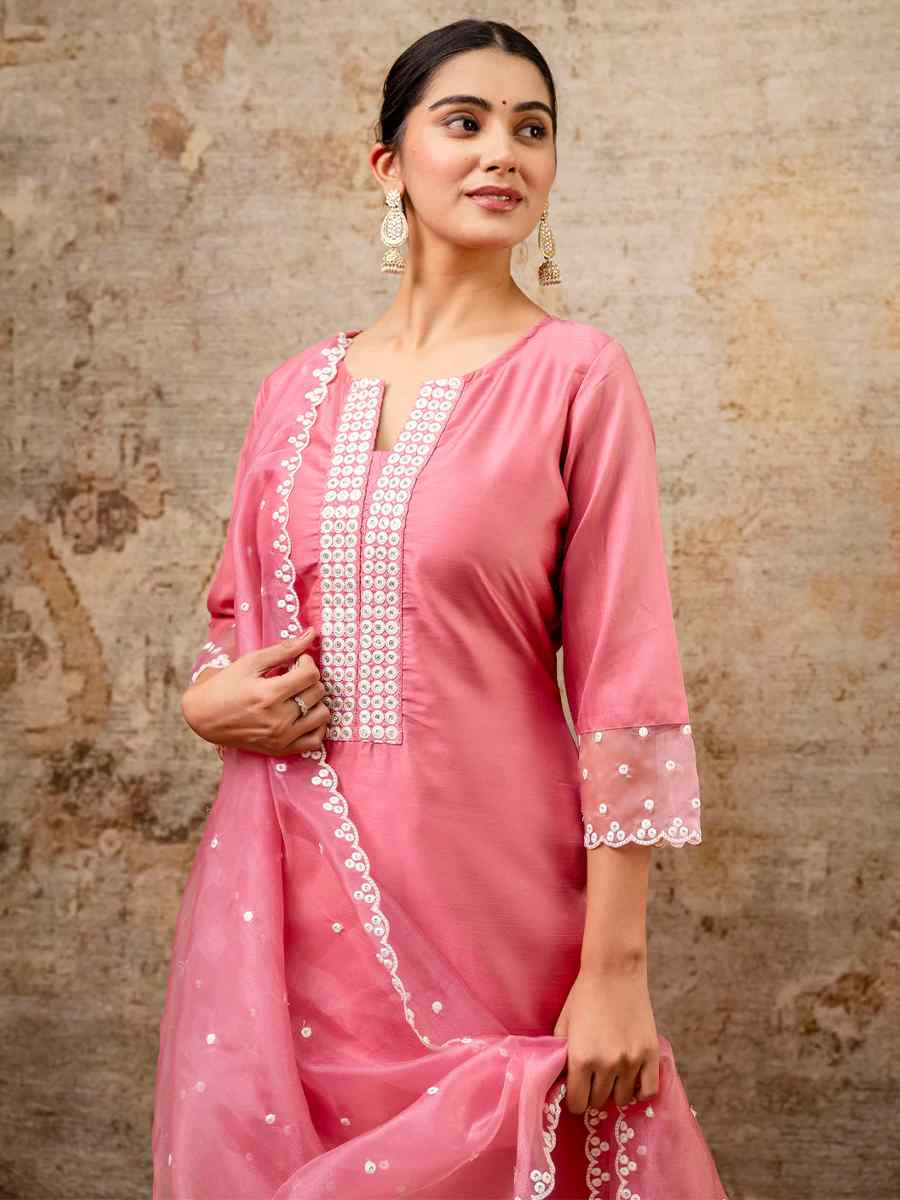 Pink Silk Blend Embroidered Mehendi Wedding Ready Pant Salwar Kameez