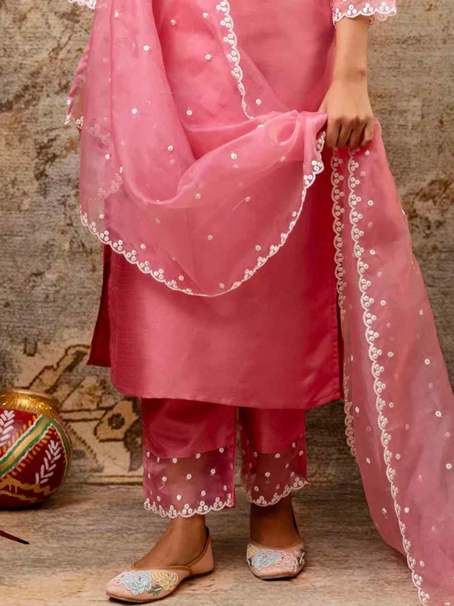 Pink Silk Blend Embroidered Mehendi Wedding Ready Pant Salwar Kameez