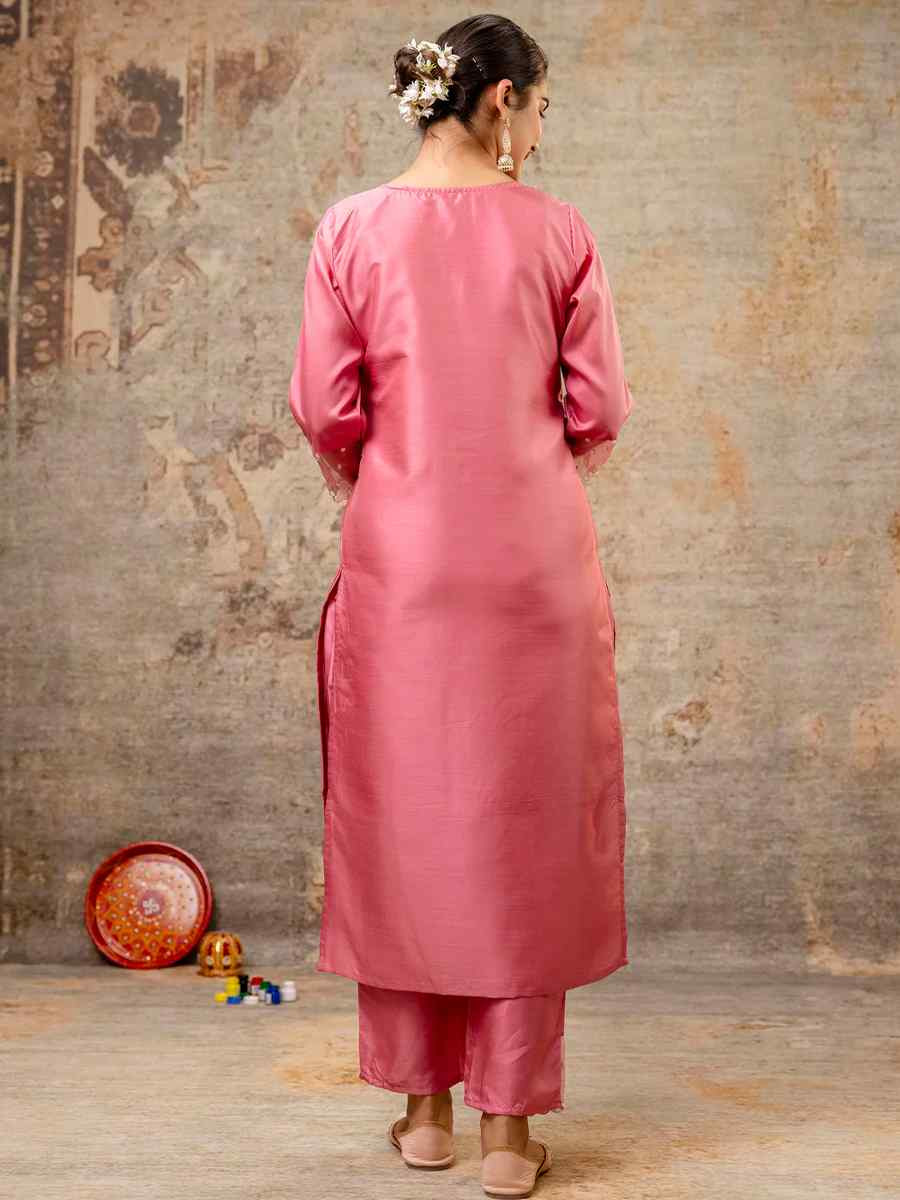 Pink Silk Blend Embroidered Mehendi Wedding Ready Pant Salwar Kameez
