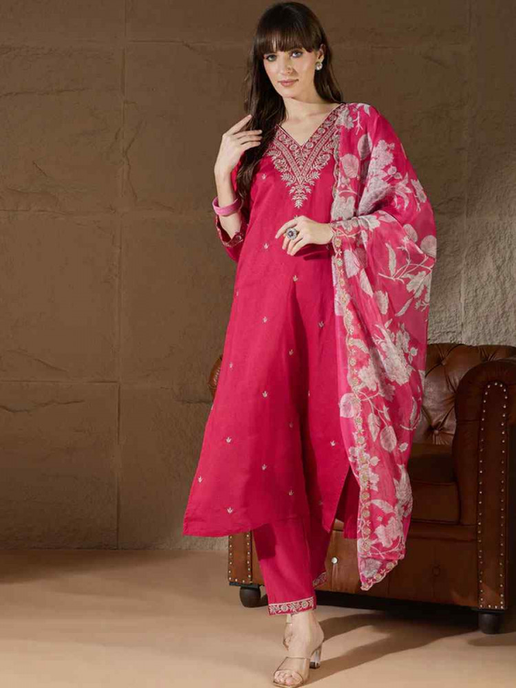 Image of Pink Silk Blend Embroidery Party Wedding Festival Casual Ready Pant Salwar Kameez