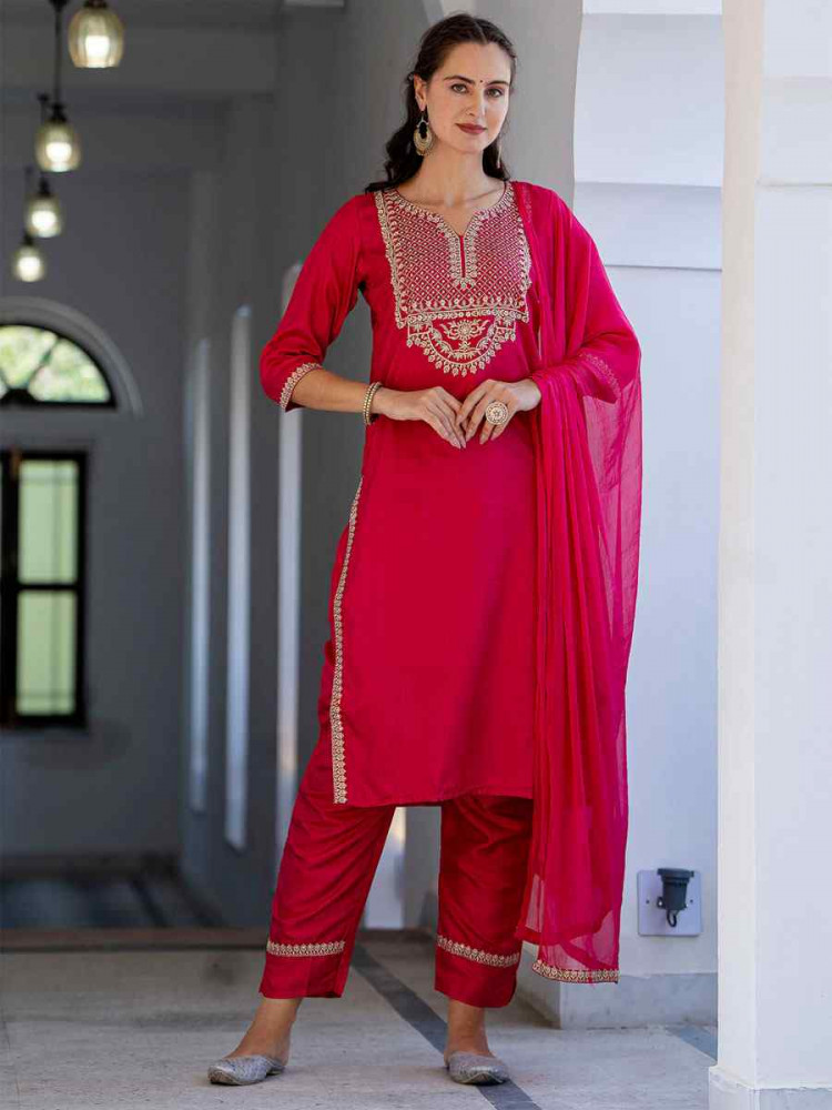 Image of Pink Silk Blend Embroidery Party Wedding Festival Casual Ready Pant Salwar Kameez