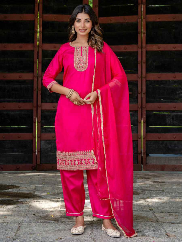 Image of Pink Silk Blend Embroidery Party Wedding Festival Casual Ready Pant Salwar Kameez