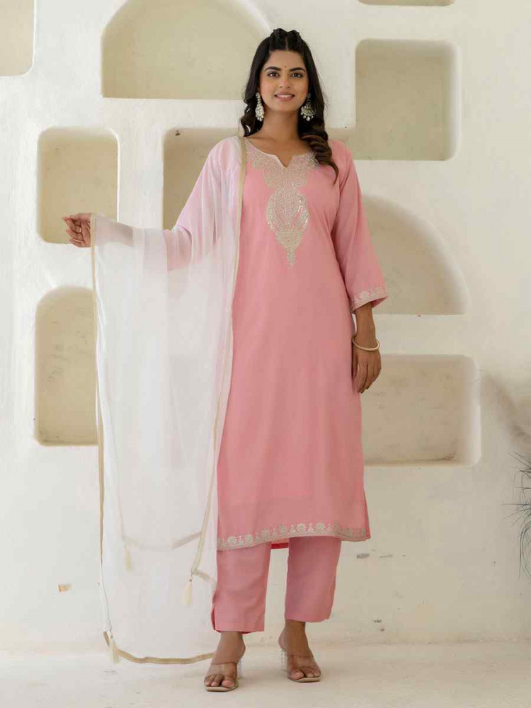 Image of Pink Silk Blend Embroidery Party Wedding Festival Casual Ready Pant Salwar Kameez