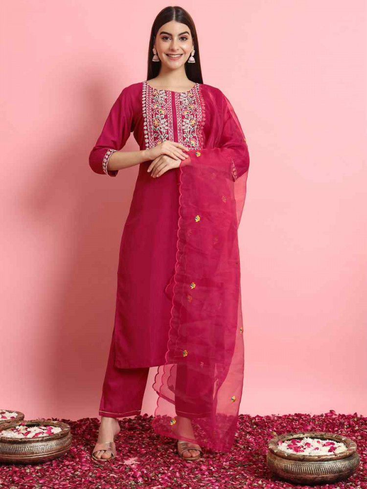 Image of Pink Silk Blend Embroidery Party Wedding Festival Casual Ready Pant Salwar Kameez