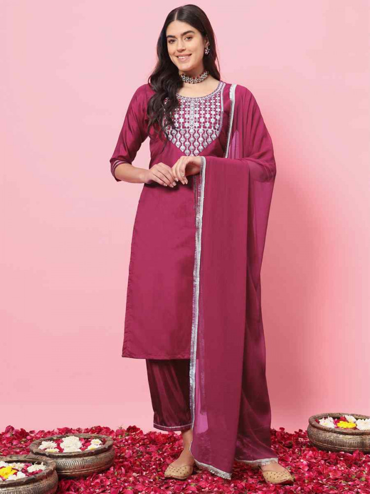 Image of Pink Silk Blend Embroidery Party Wedding Festival Casual Ready Pant Salwar Kameez
