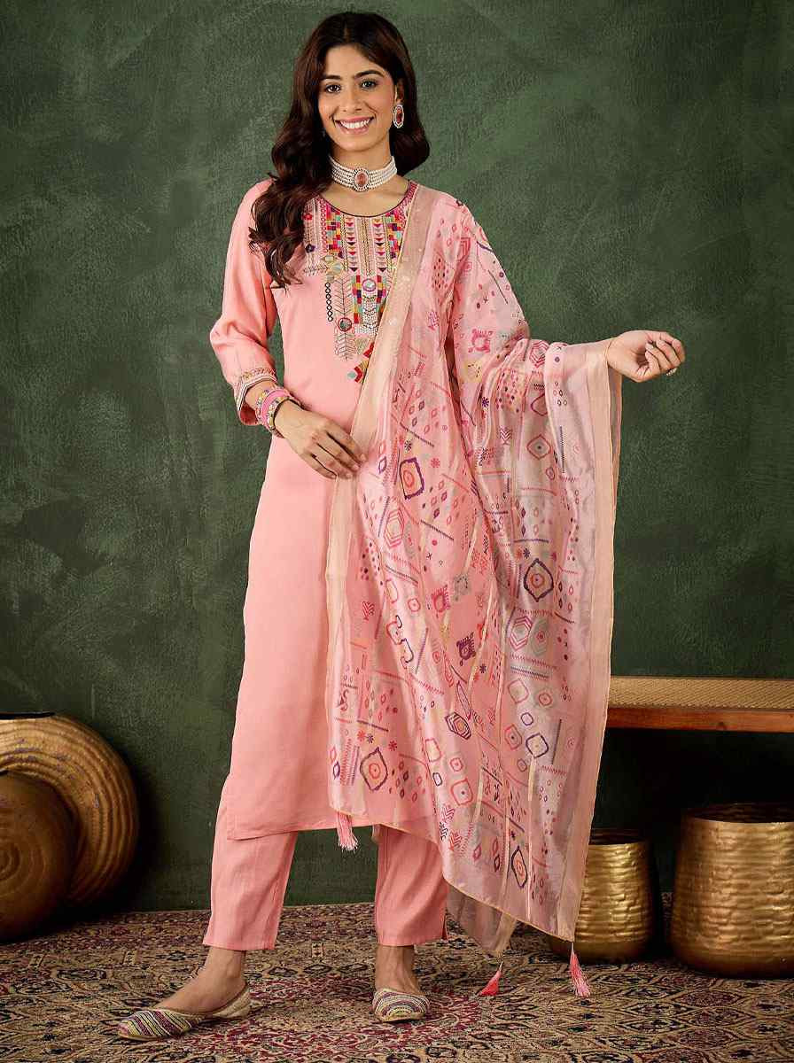 Pink Silk Blend Embroidery Party Wedding Festival Casual Ready Pant Salwar Kameez