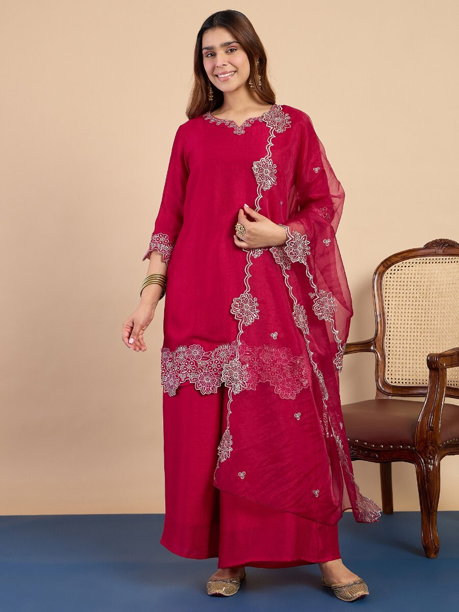 Pink Silk Blend Embroidery Wedding Party Festival Casual Palazzo Pant Salwar Kameez
