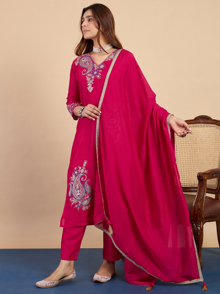 Pink Silk Blend Embroidery Wedding Party Festival Casual Pant Salwar Kameez