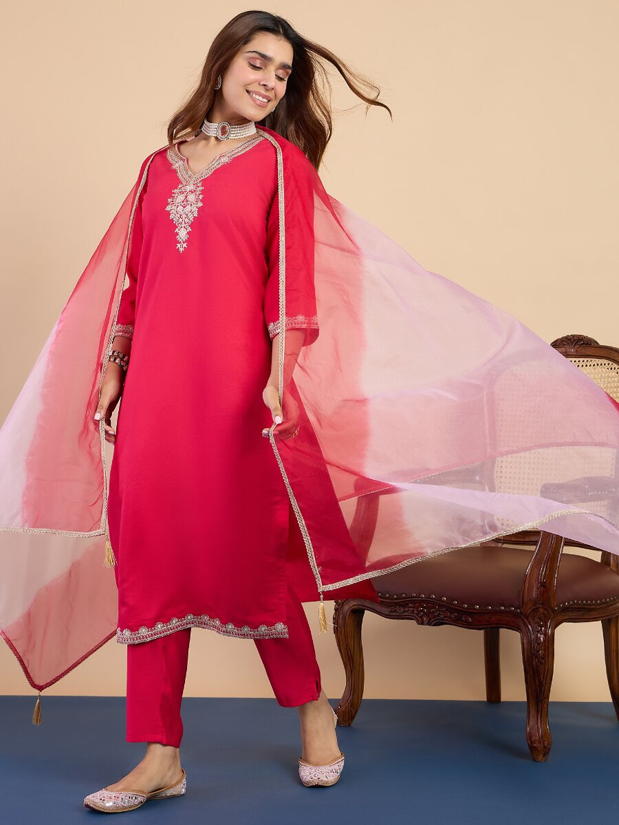 Pink Silk Blend Embroidery Wedding Party Festival Casual Pant Salwar Kameez