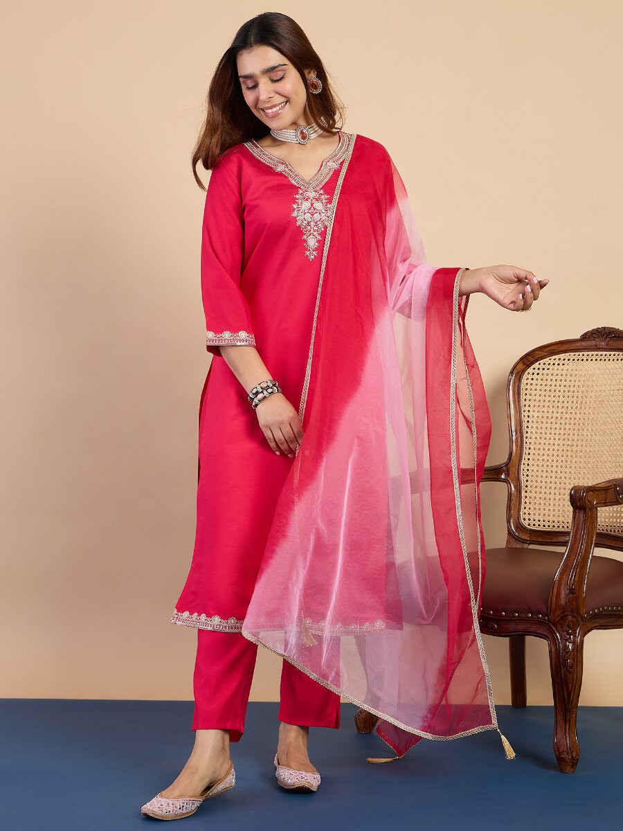 Pink Silk Blend Embroidery Wedding Party Festival Casual Pant Salwar Kameez