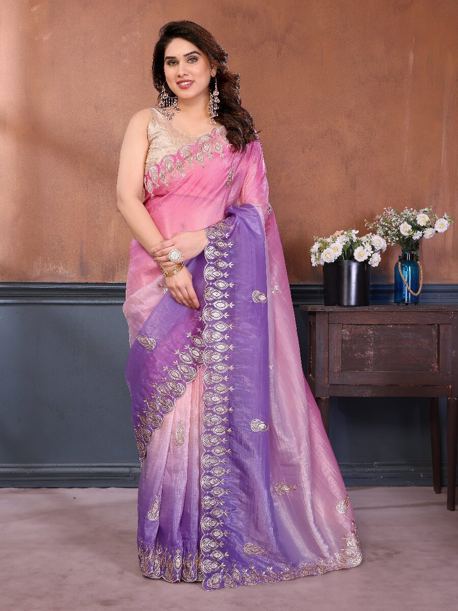 Pink Silk Blend Embroidery Wedding Reception Party Festival Casual Heavy Border Sarees