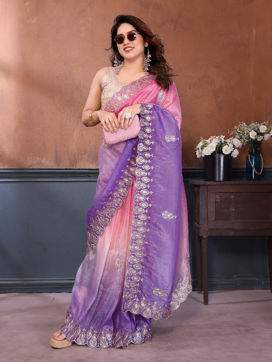 Pink Silk Blend Embroidery Wedding Reception Party Festival Casual Heavy Border Sarees