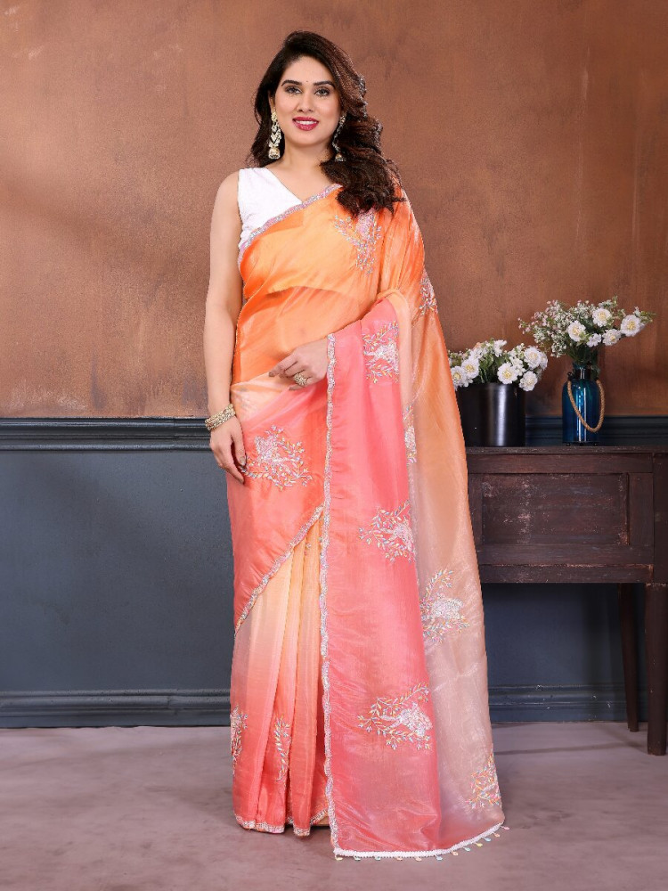 Image of Pink Silk Blend Embroidery Wedding Reception Party Festival Casual Heavy Border Sarees